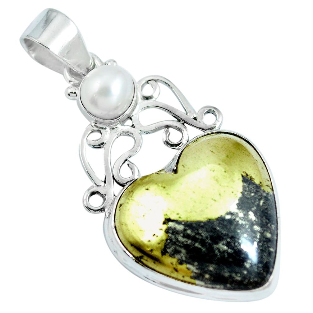 Natural pyrite in magnetite (healer's gold) 925 silver heart pendant d30743