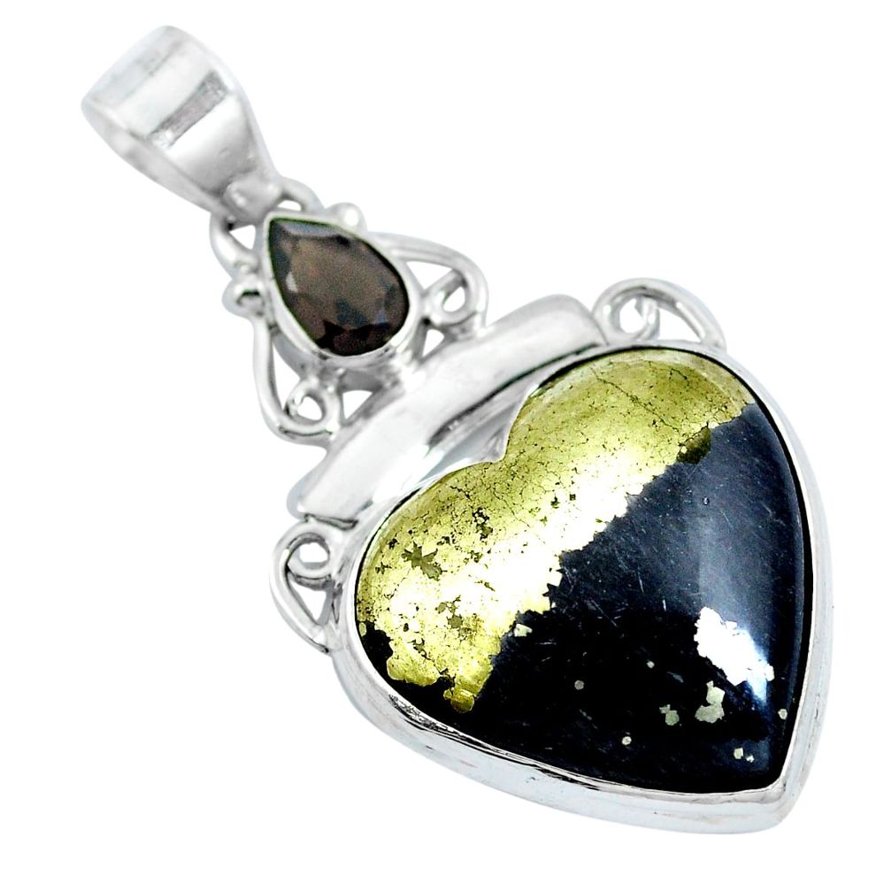 Natural pyrite in magnetite (healer's gold) heart 925 silver pendant d30747
