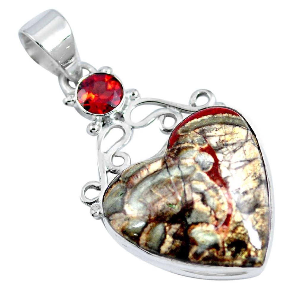 Natural brown mushroom rhyolite heart garnet 925 silver pendant d30756