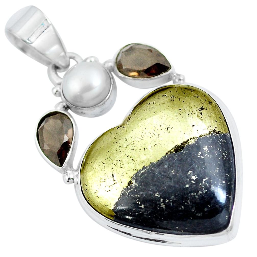 Natural pyrite in magnetite (healer's gold) heart 925 silver pendant d30758