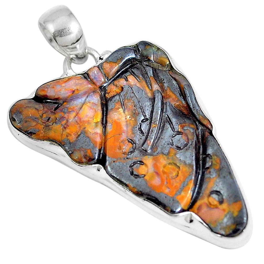 Natural brown boulder opal carving 925 sterling silver pendant d30815