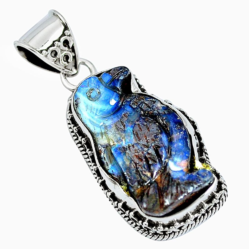 Natural brown boulder opal carving 925 sterling silver pendant d30817