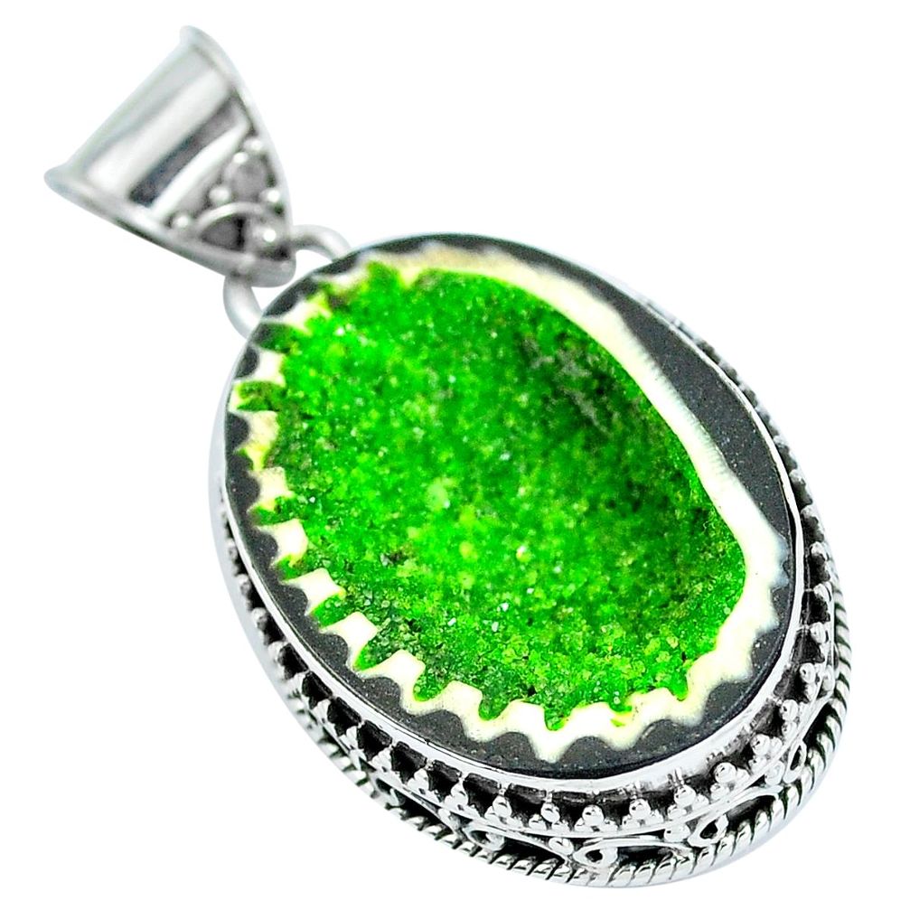 Natural green geode druzy 925 sterling silver pendant jewelry d30821