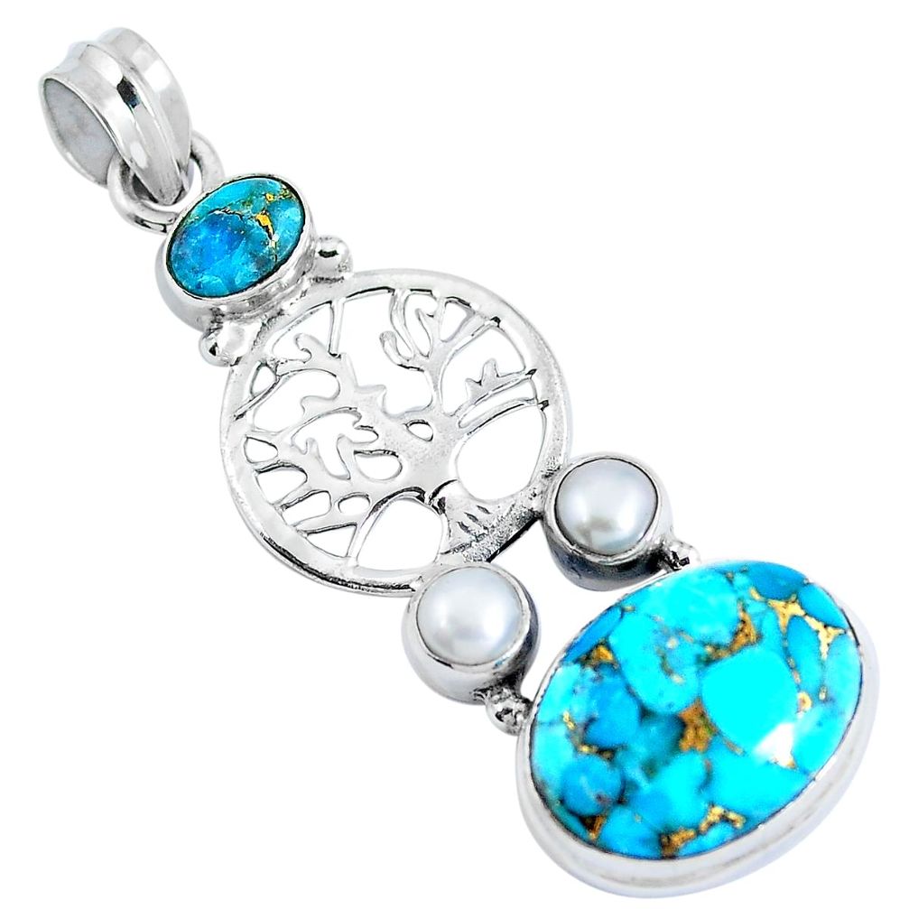 Blue copper turquoise pearl 925 silver tree of life pendant jewelry d30847