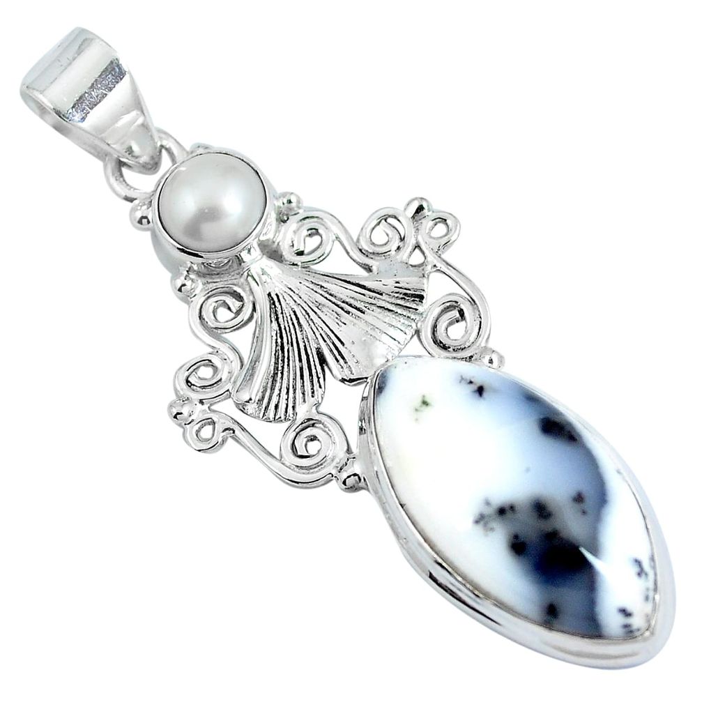 Natural white dendrite opal (merlinite) pearl 925 silver pendant jewelry d30851