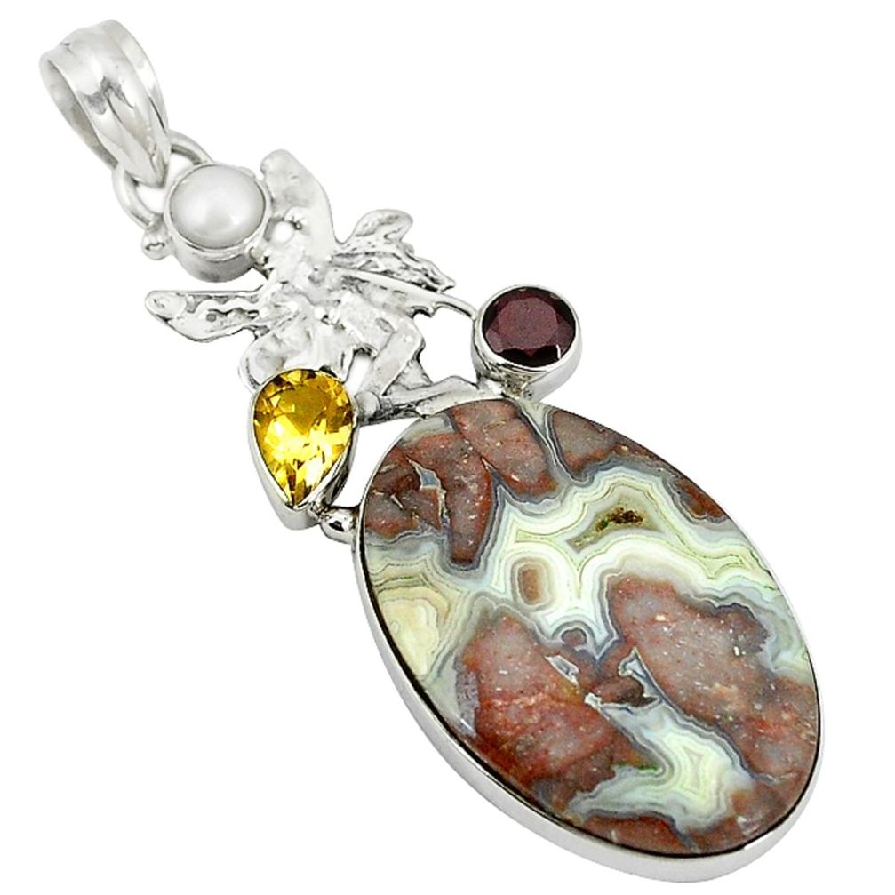 Natural mexican laguna lace agate 925 silver angel wings fairy pendant d3622