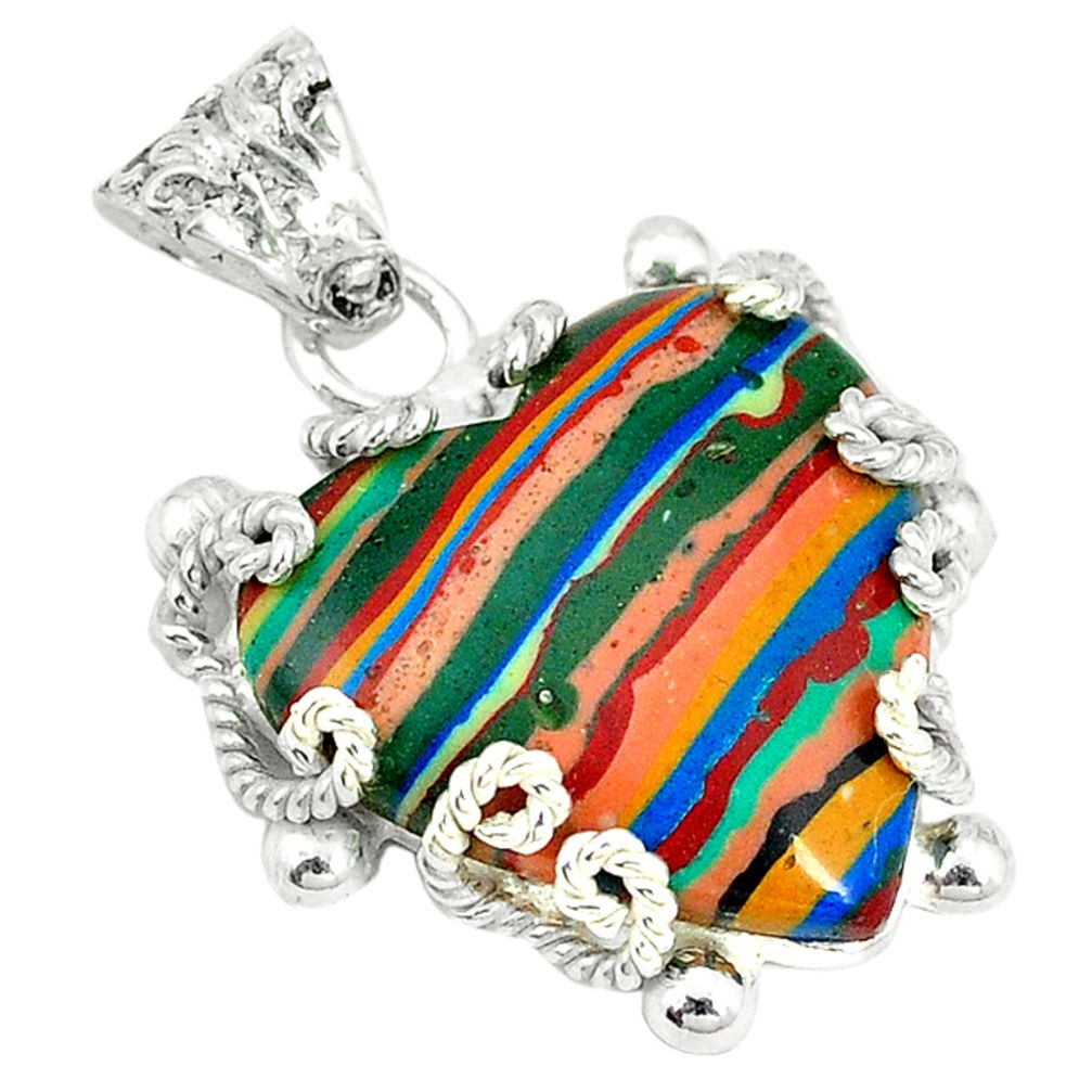 Natural multi color rainbow calsilica 925 sterling silver pendant d3641