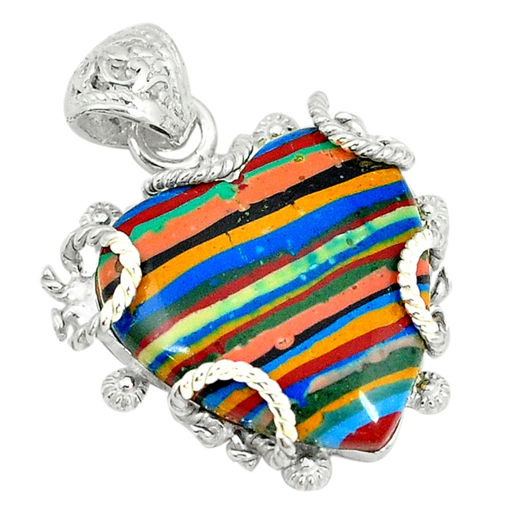 Natural multi color rainbow calsilica 925 sterling silver pendant d3650