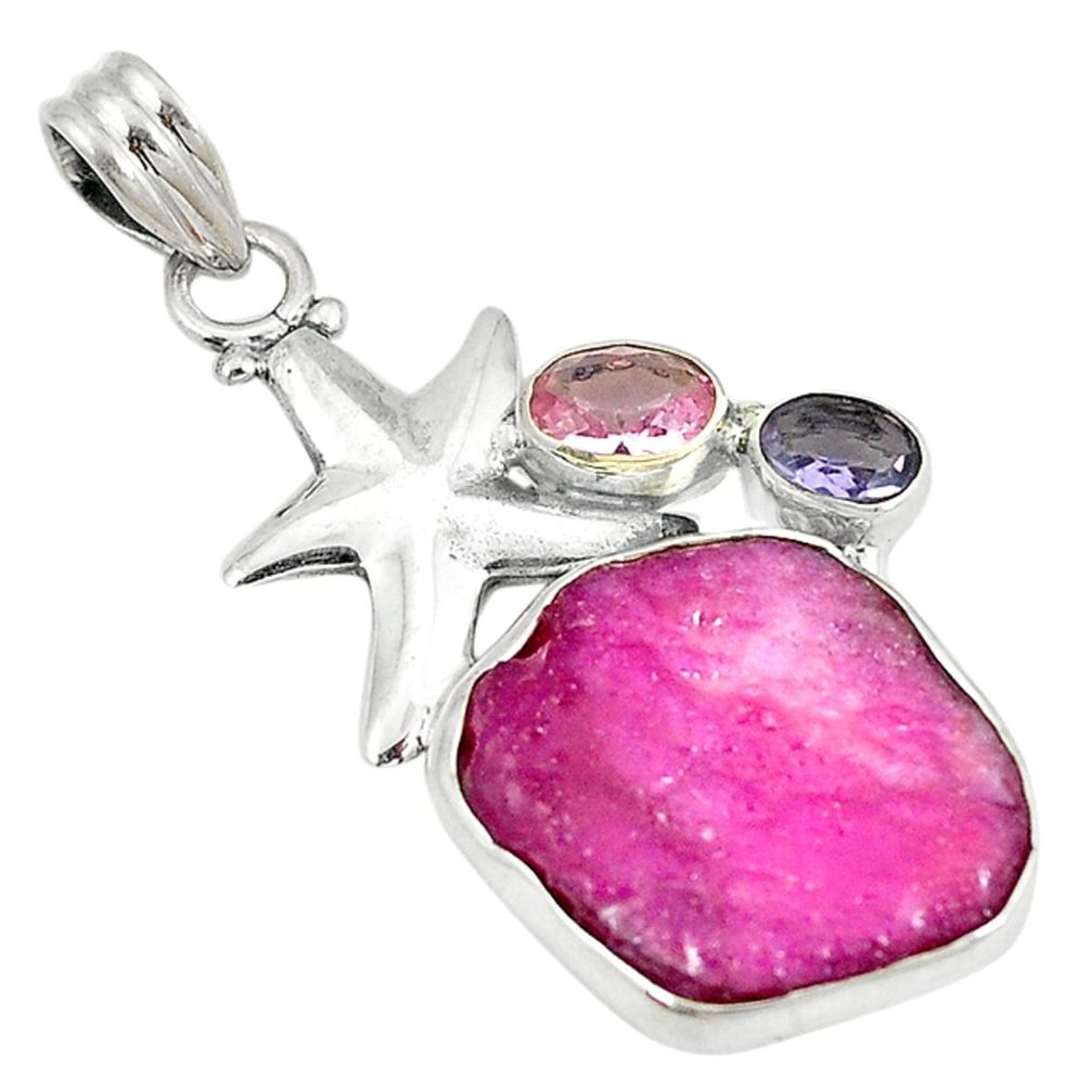 Natural pink ruby rough kunzite (lab) 925 silver star fish pendant jewelry d3715