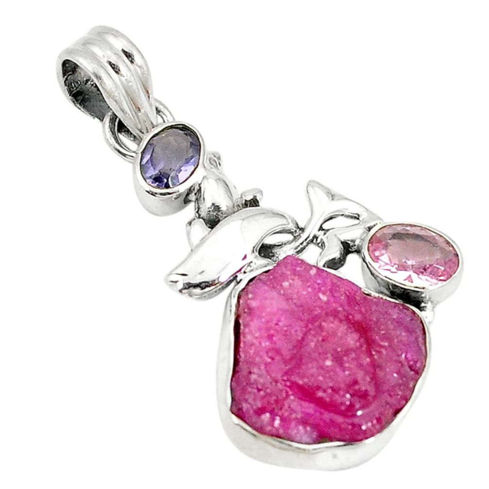 925 sterling silver natural pink ruby rough kunzite (lab) amethyst pendant d3716