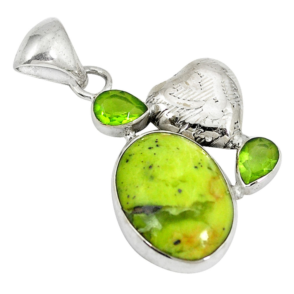 Natural yellow lizardite (meditation stone) peridot 925 silver pendant d4006