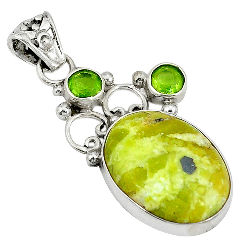 Natural yellow lizardite (meditation stone) peridot 925 silver pendant d4010