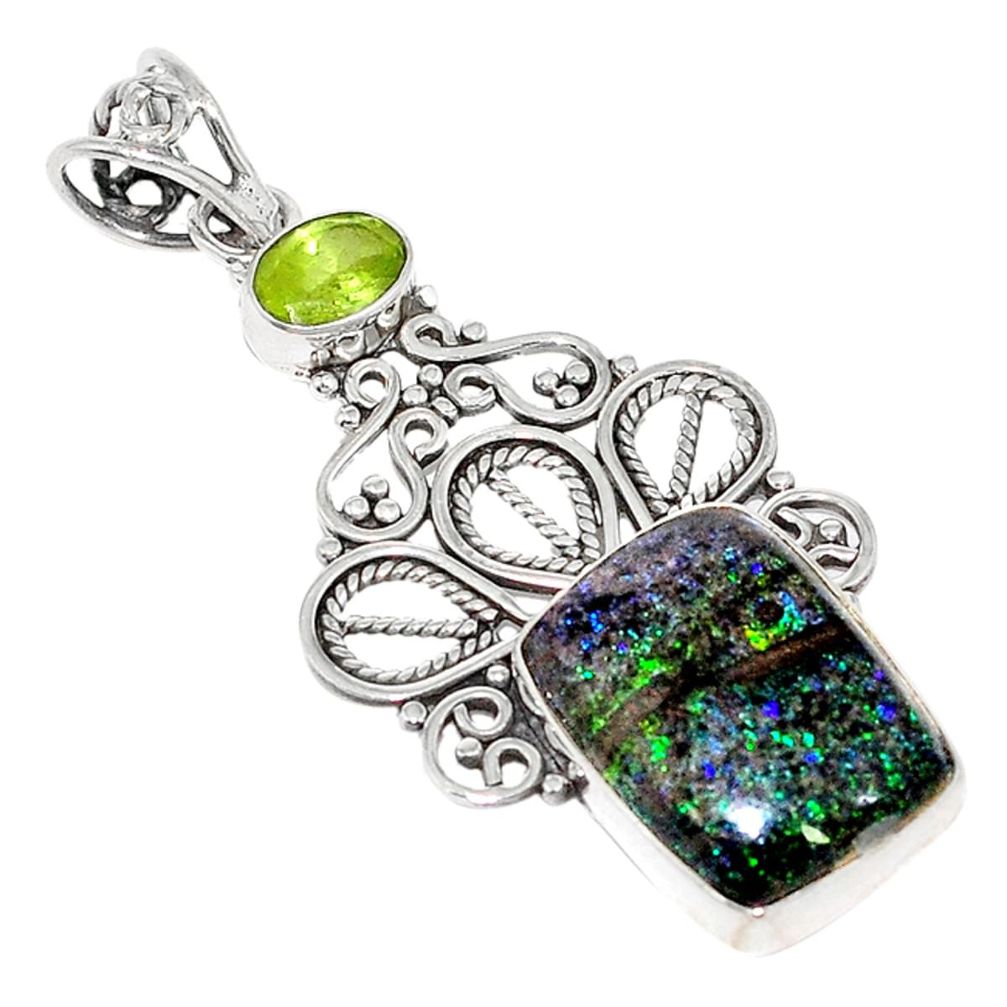 Natural black honduran matrix opal green peridot 925 silver pendant d4122