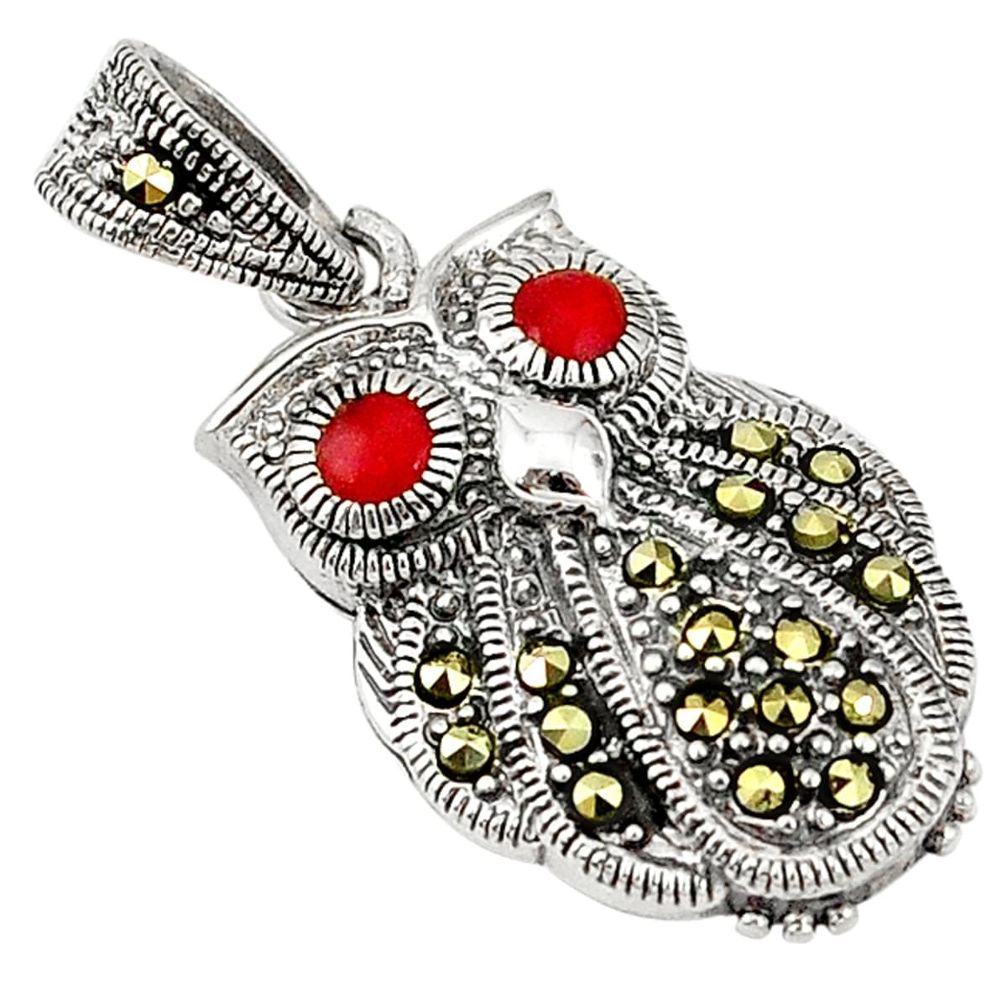 Red coral round marcasite 925 sterling silver owl pendant jewelry d5156