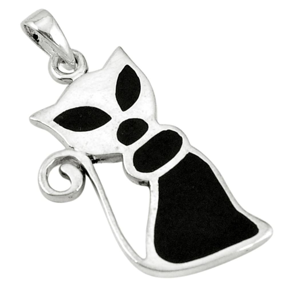 Black onyx enamel 925 sterling silver cat pendant jewelry d5177