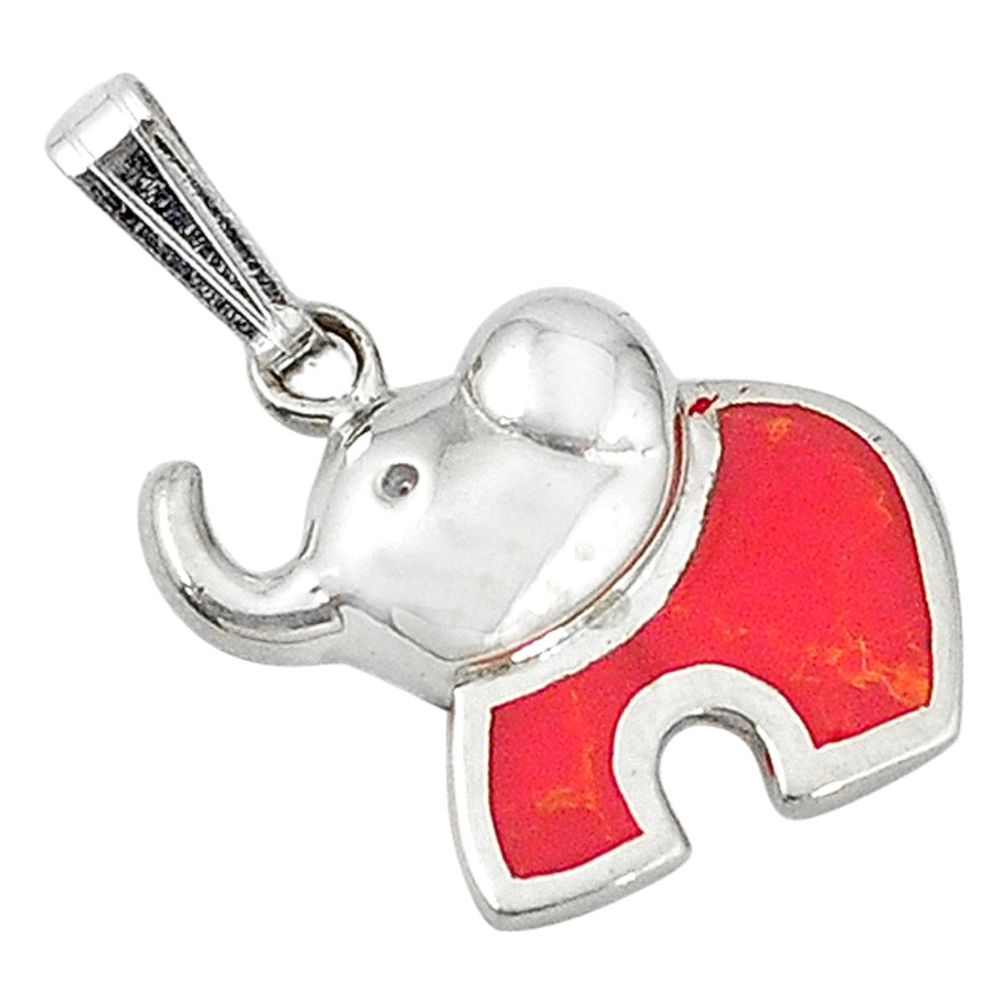 Red coral enamel 925 sterling silver elephant pendant jewelry d5198