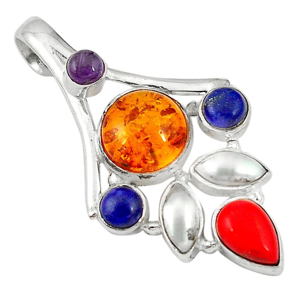 Orange amber lapis lazuli coral pearl 925 sterling silver pendant jewelry d5277