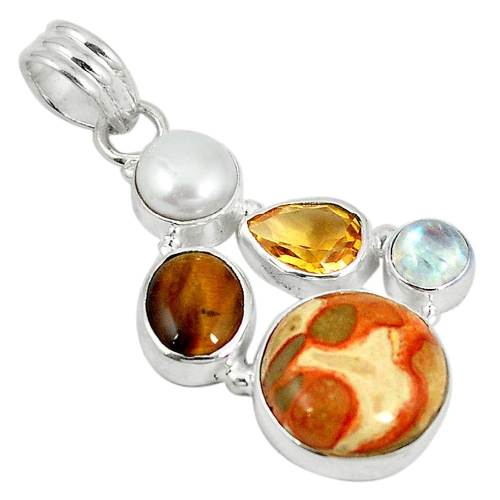 925 silver natural yellow crinoid fossil moonstone pearl citrine pendant d5809