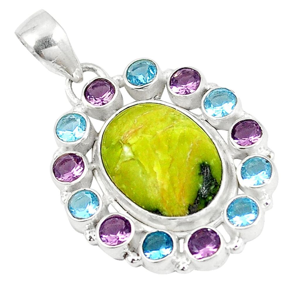 Natural yellow lizardite (meditation stone) amethyst 925 silver pendant d5848