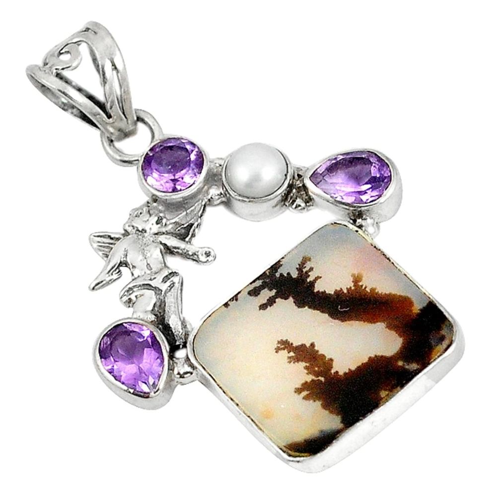 Scenic russian dendritic agate pearl 925 silver cupid angel wings pendant d5849
