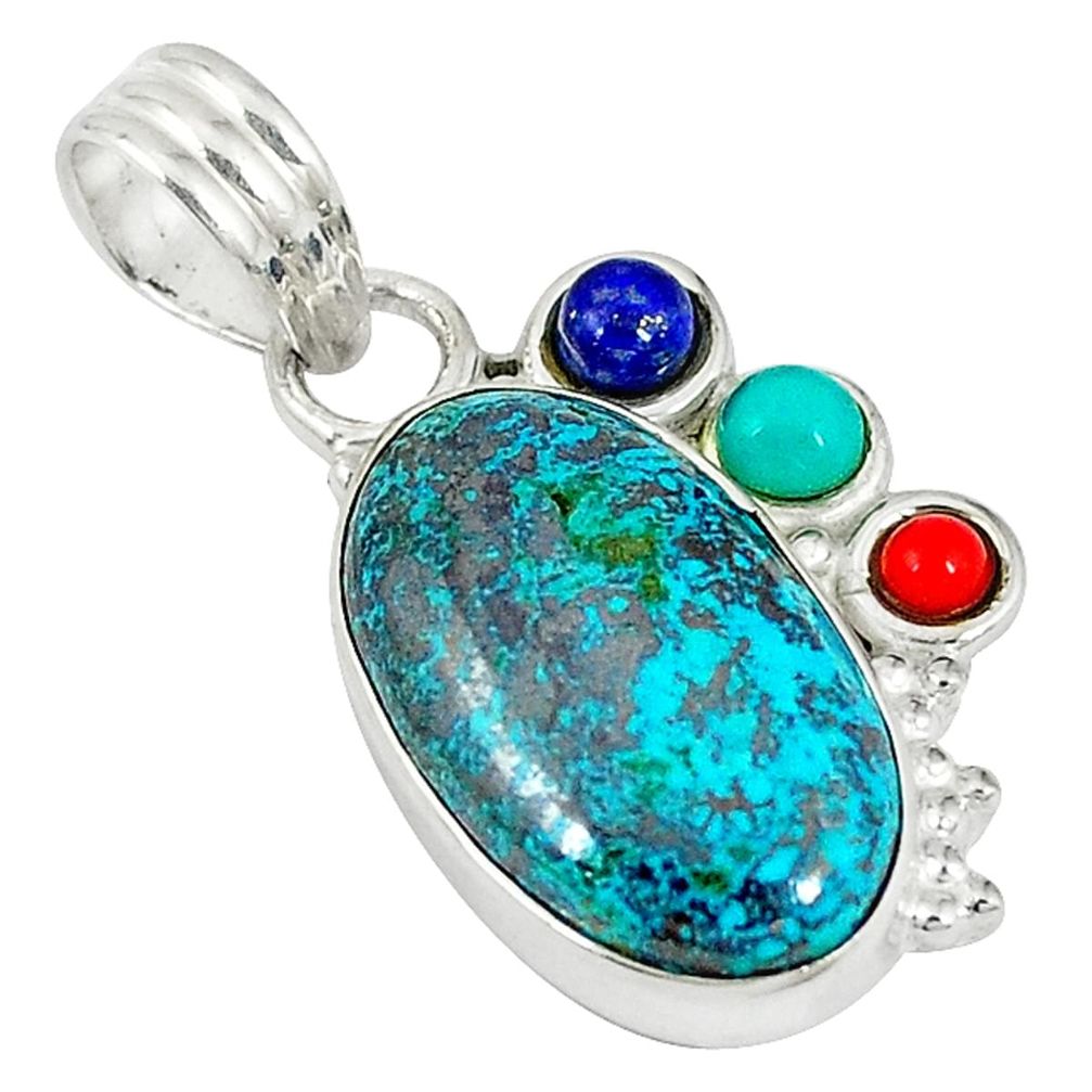 Natural blue shattuckite turquoise coral lapis 925 sterling silver pendant d6133