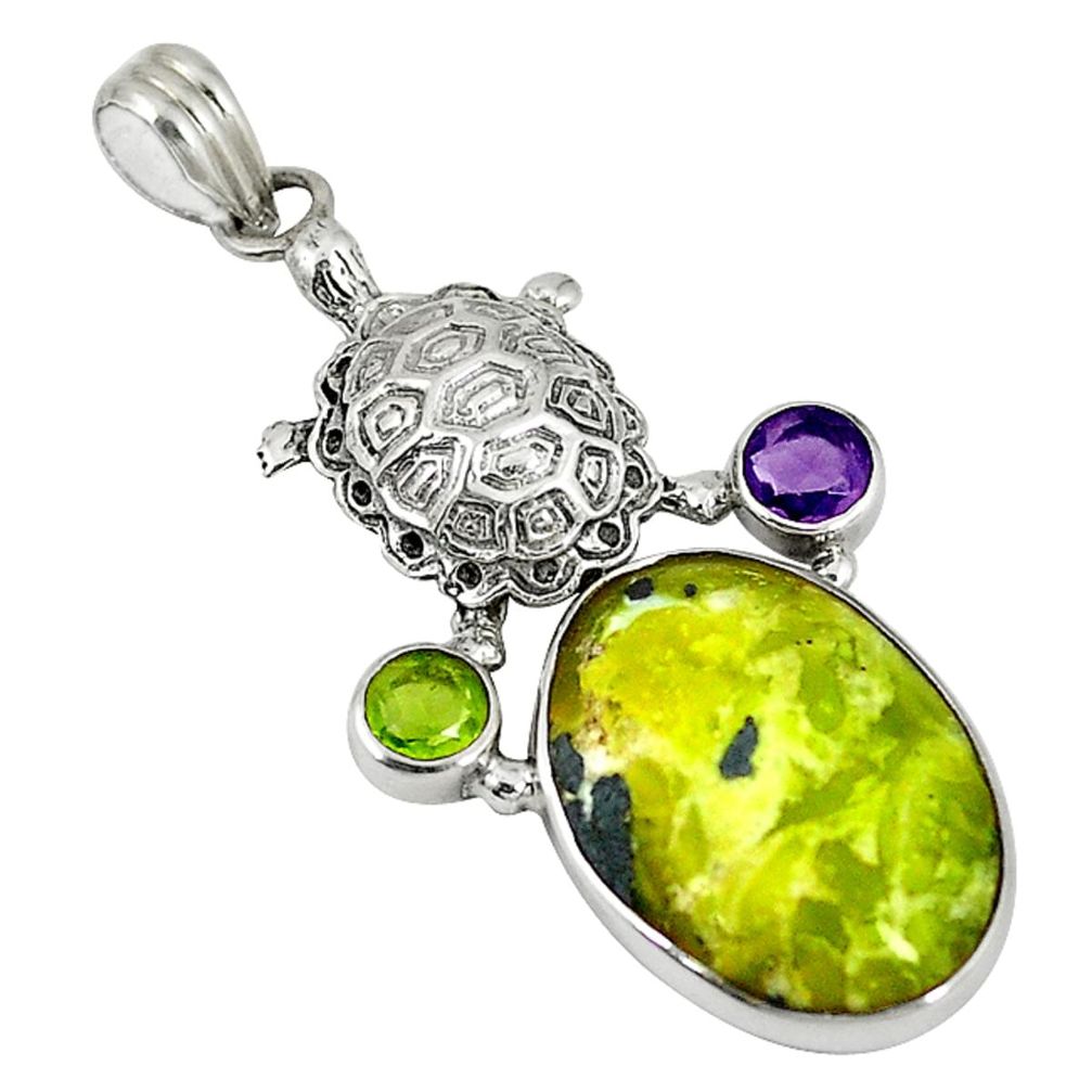 925 silver natural yellow lizardite (meditation stone) turtle pendant d6136