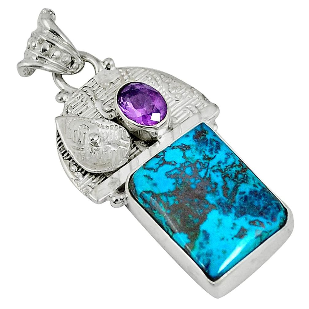 Natural blue shattuckite purple amethyst 925 sterling silver pendant d6138