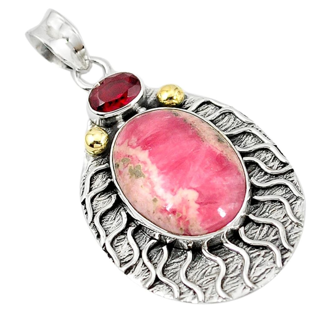 Natural pink rhodochrosite inca rose (argentina) 925 silver gold pendant d7255