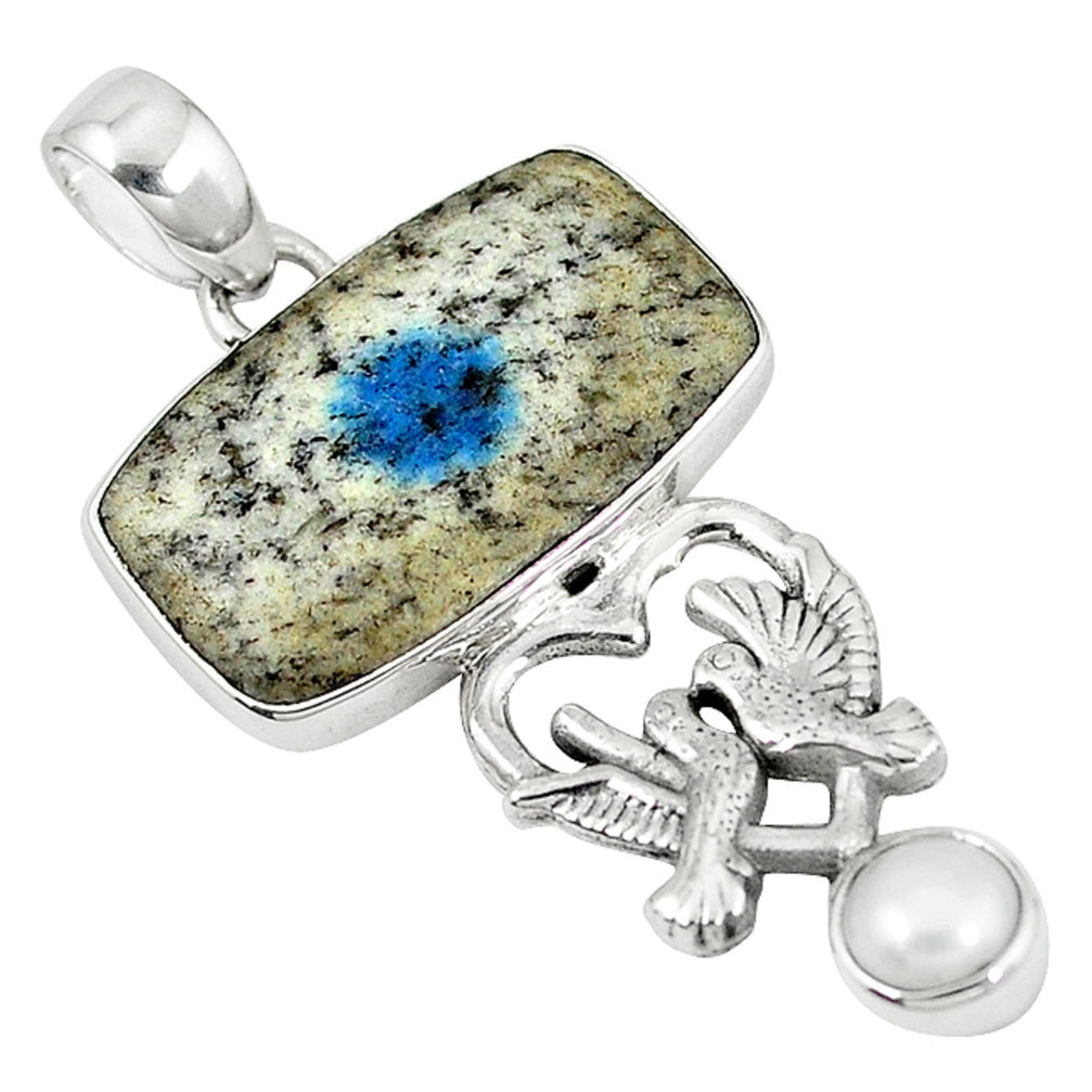 Natural k2 blue (azurite in quartz) pearl 925 silver love birds pendant d7467