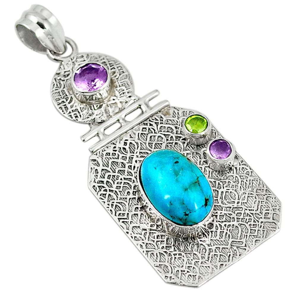 Blue arizona mohave turquoise purple amethyst 925 sterling silver pendant d7506