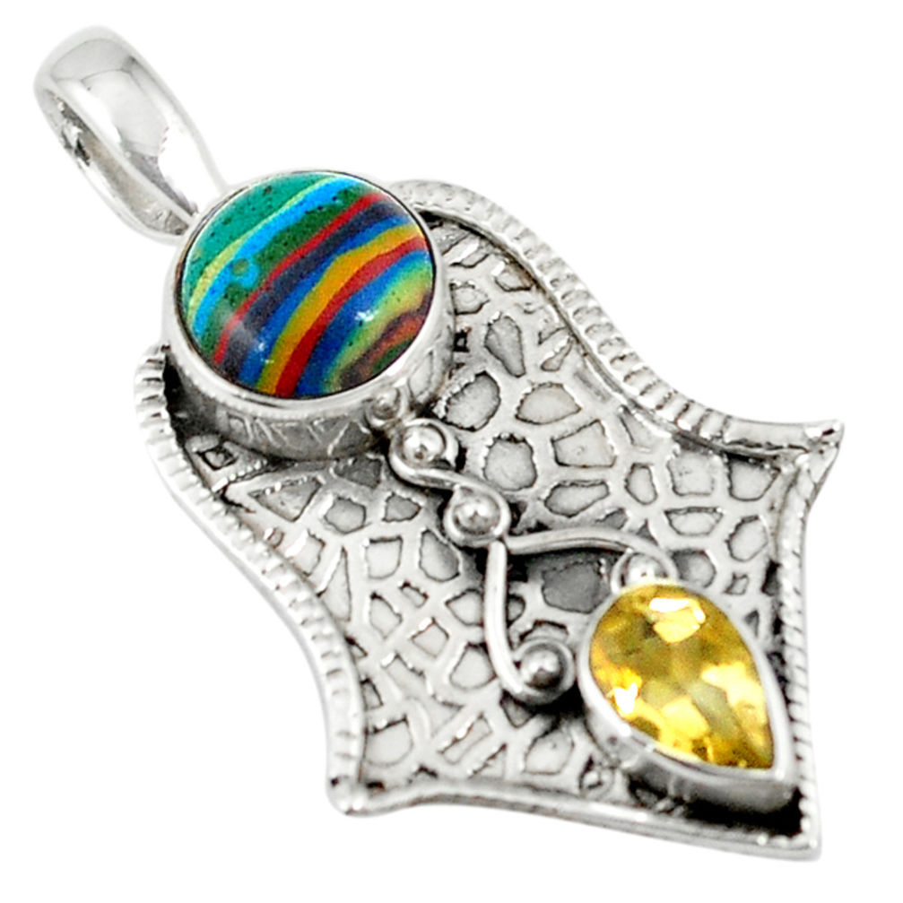 925 sterling silver natural multi color rainbow calsilica citrine pendant d7556