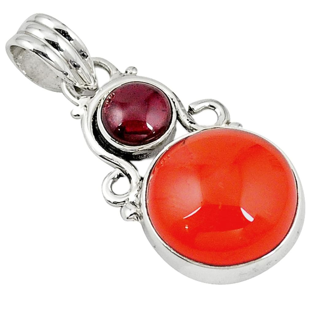 Natural orange cornelian (carnelian) red garnet 925 silver pendant d7601