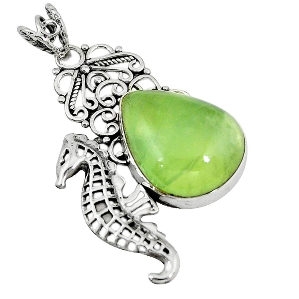 Natural green prehnite 925 sterling silver seahorse pendant jewelry d7614