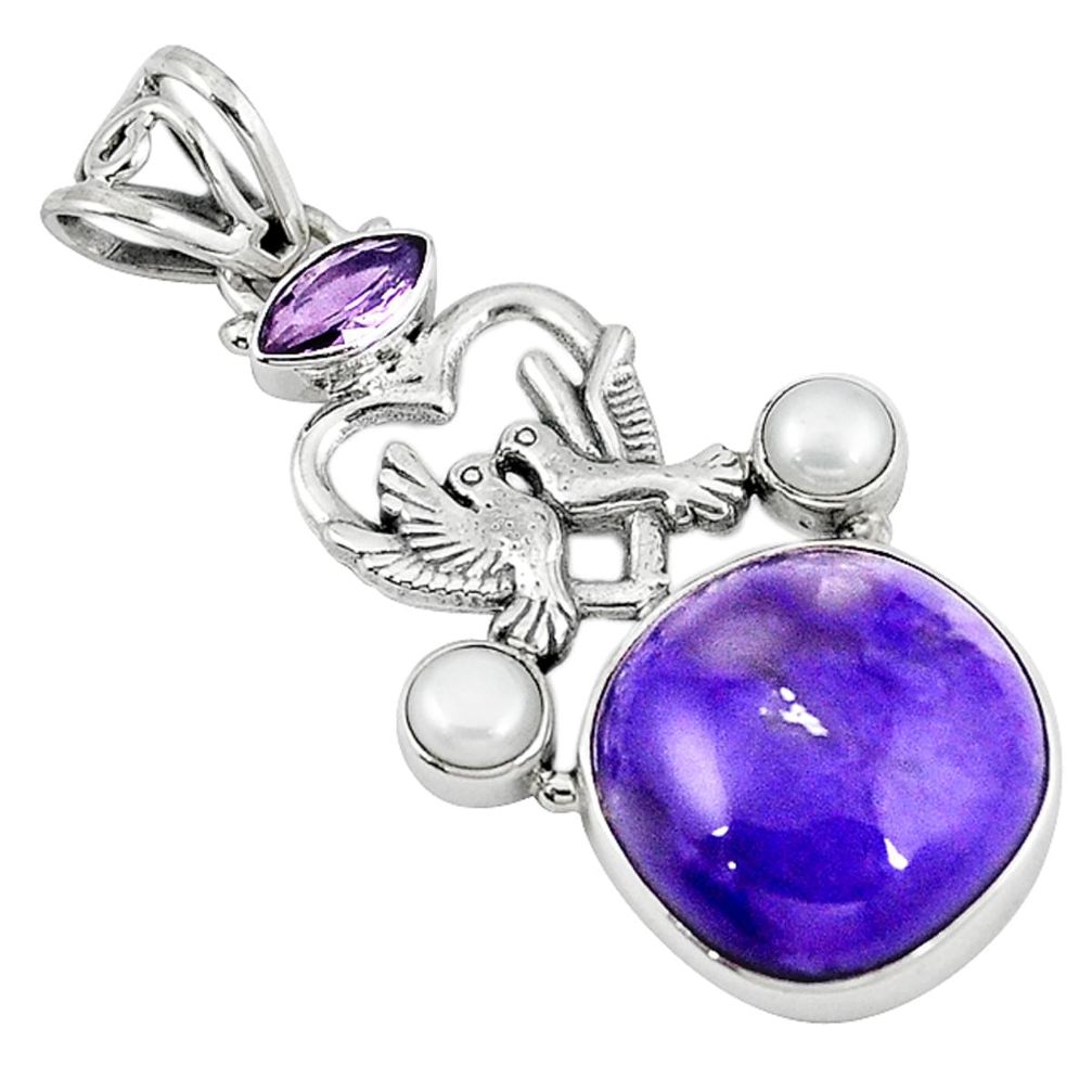 Natural purple charoite (siberian) pearl 925 silver love birds pendant d7679