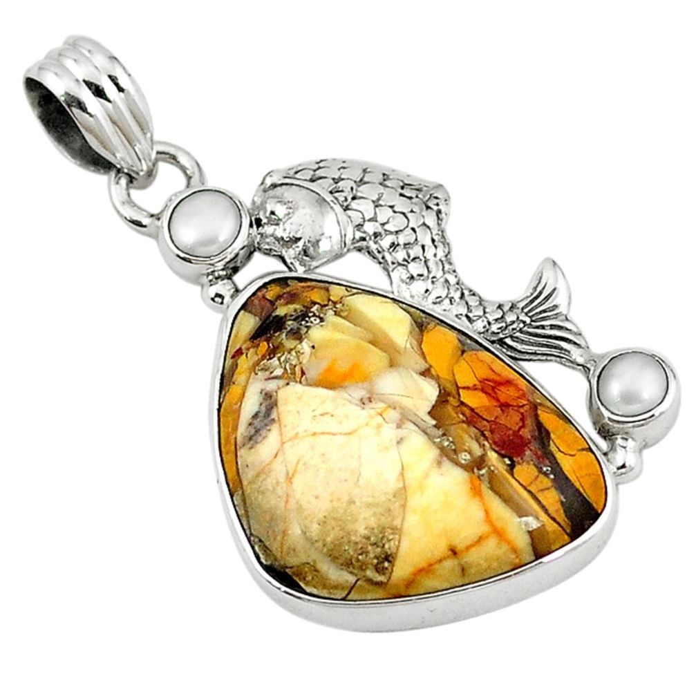 Natural yellow brecciated mookaite (australian jasper) 925 silver pendant d7695