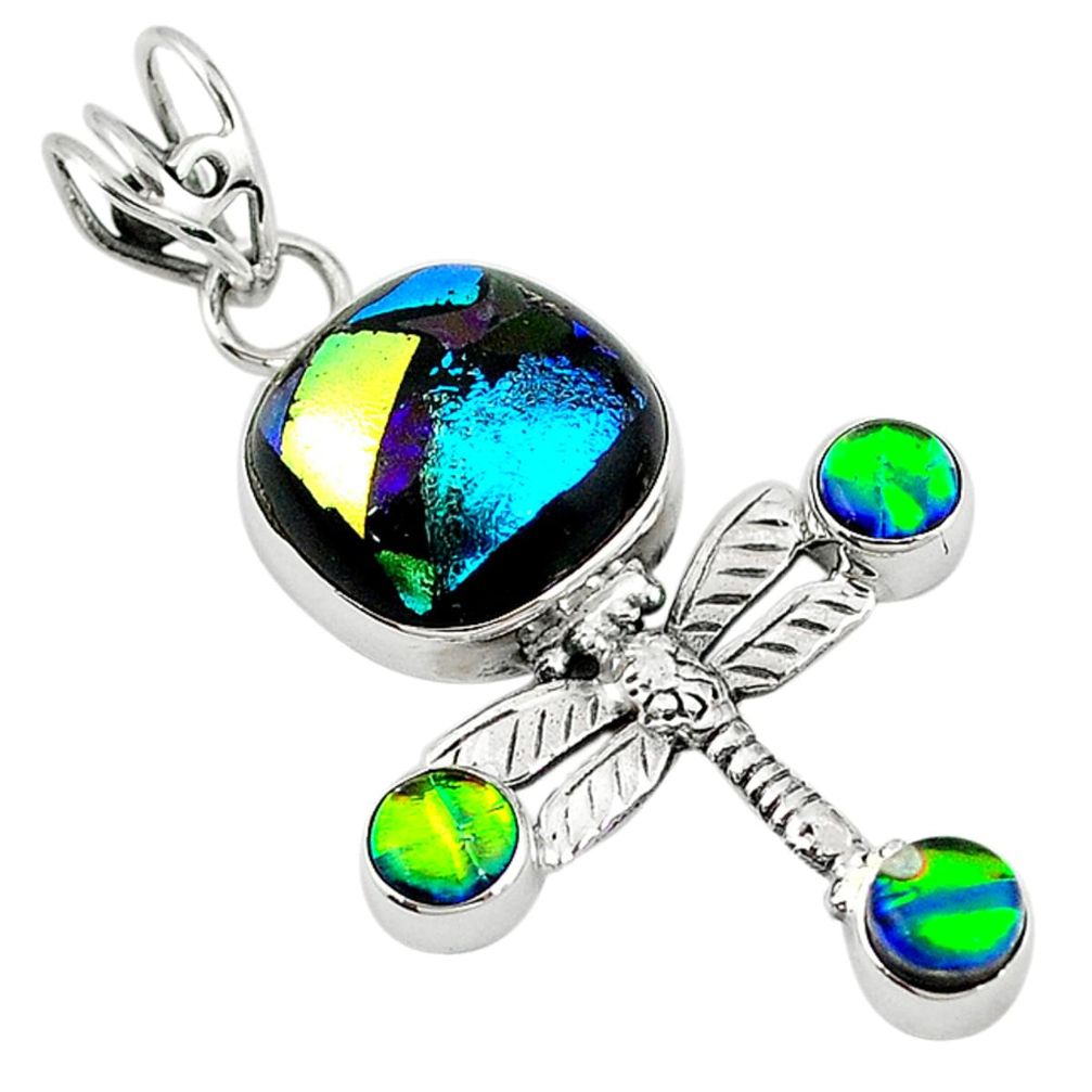 Multi color dichroic glass 925 sterling silver dragonfly pendant jewelry d7696