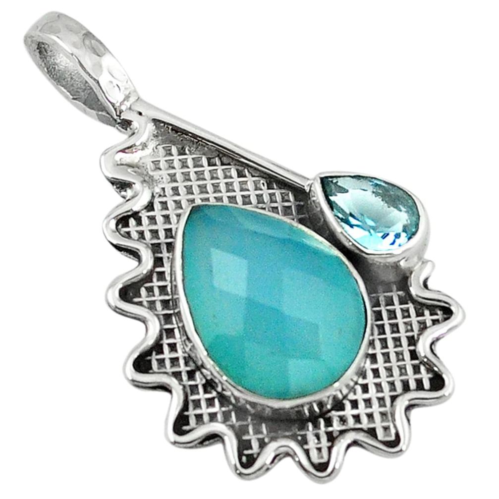 Natural blue chalcedony topaz 925 sterling silver pendant jewelry d7710