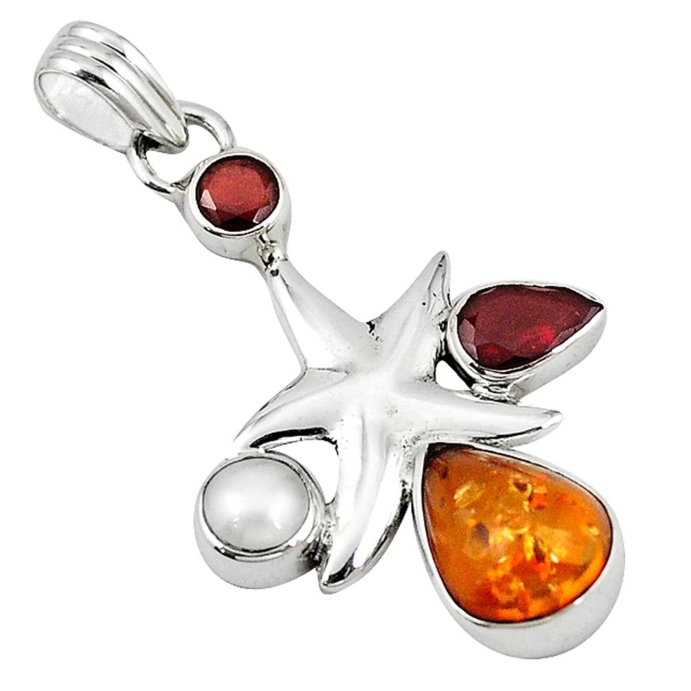 Orange amber garnet pearl 925 sterling silver star fish pendant jewelry d7790