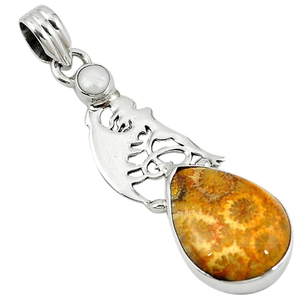 Natural yellow fossil coral (agatized) petoskey stone 925 silver pendant d7816