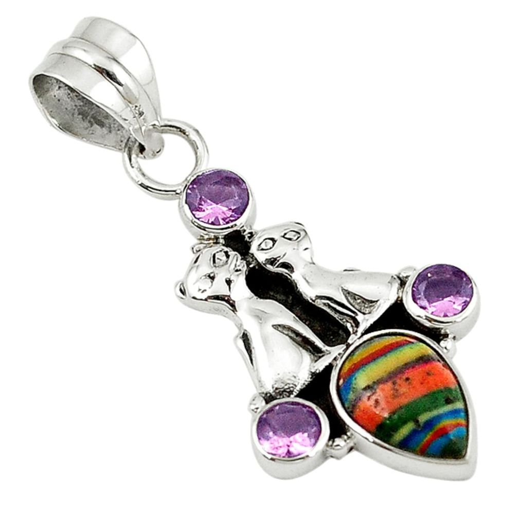Natural multi color rainbow calsilica amethyst 925 silver two cats pendant d7817