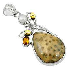 Clearance Sale- Natural yellow fossil coral (agatized) petoskey stone 925 silver pendant d7854
