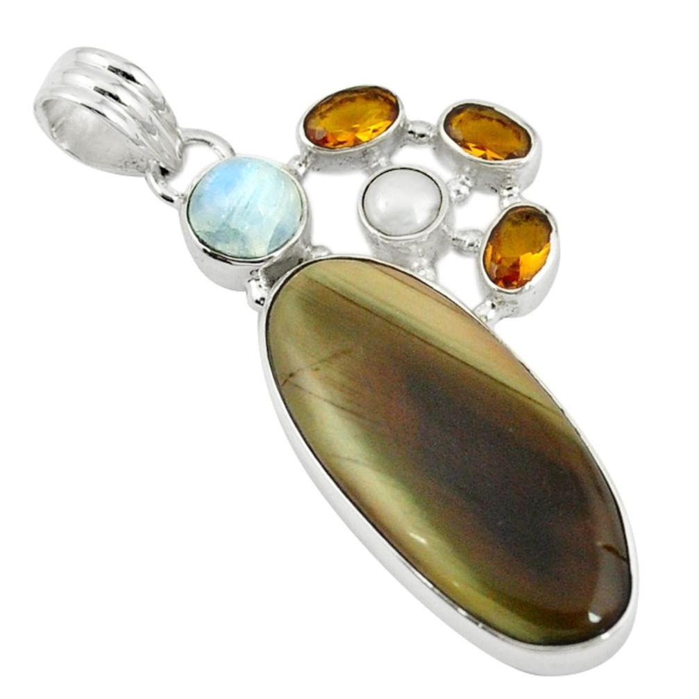 Natural brown imperial jasper moonstone citrine pearl 925 silver pendant d7859