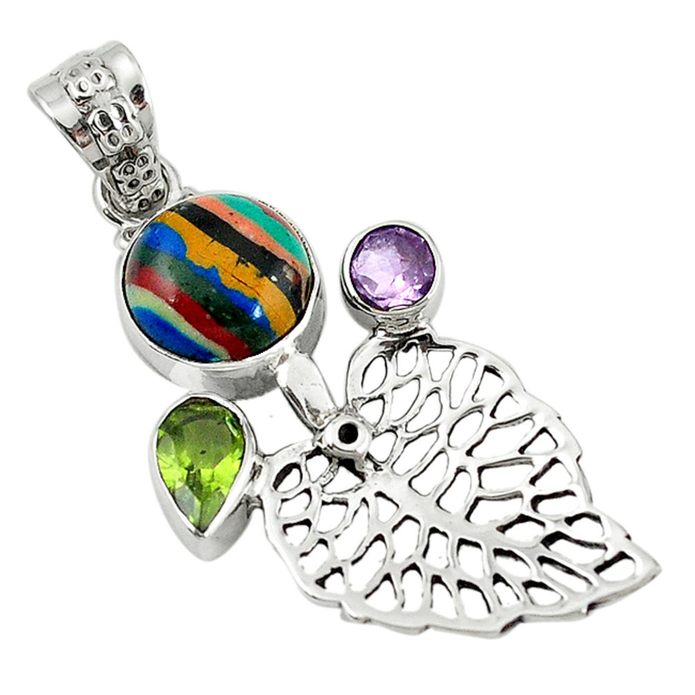 Natural multi color rainbow calsilica 925 silver deltoid leaf pendant d7864