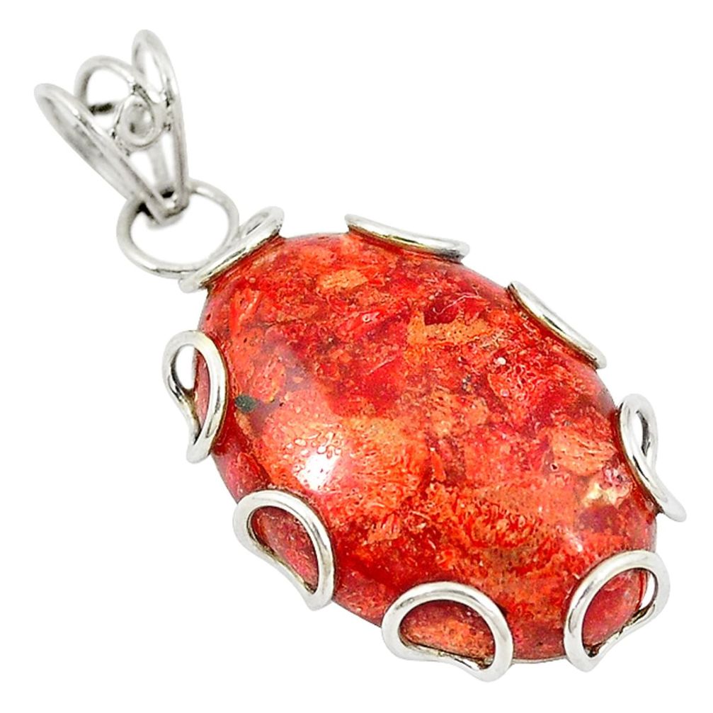 925 sterling silver natural red sponge coral oval pendant jewelry d8124