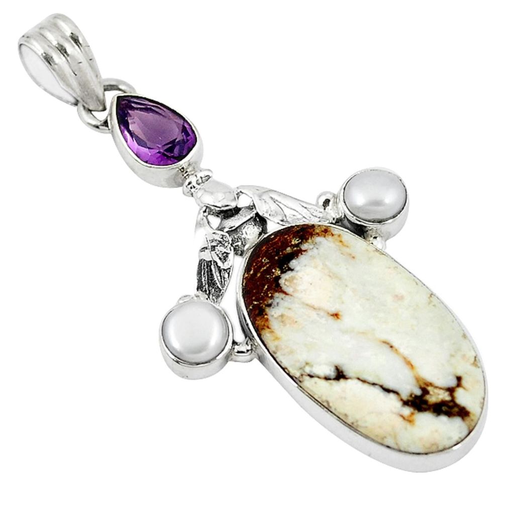 Natural white wild horse magnesite amethyst pearl 925 silver pendant d8142