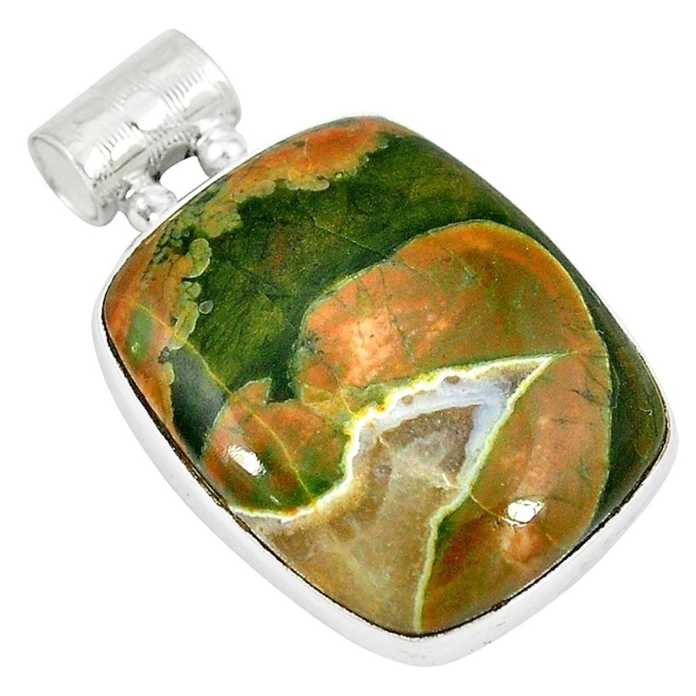 Natural multi color rainforest rhyolite jasper octagan 925 silver pendant d8150