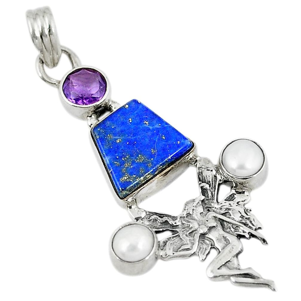 Natural blue lapis lazuli pearl 925 silver angel wings fairy pendant d8162