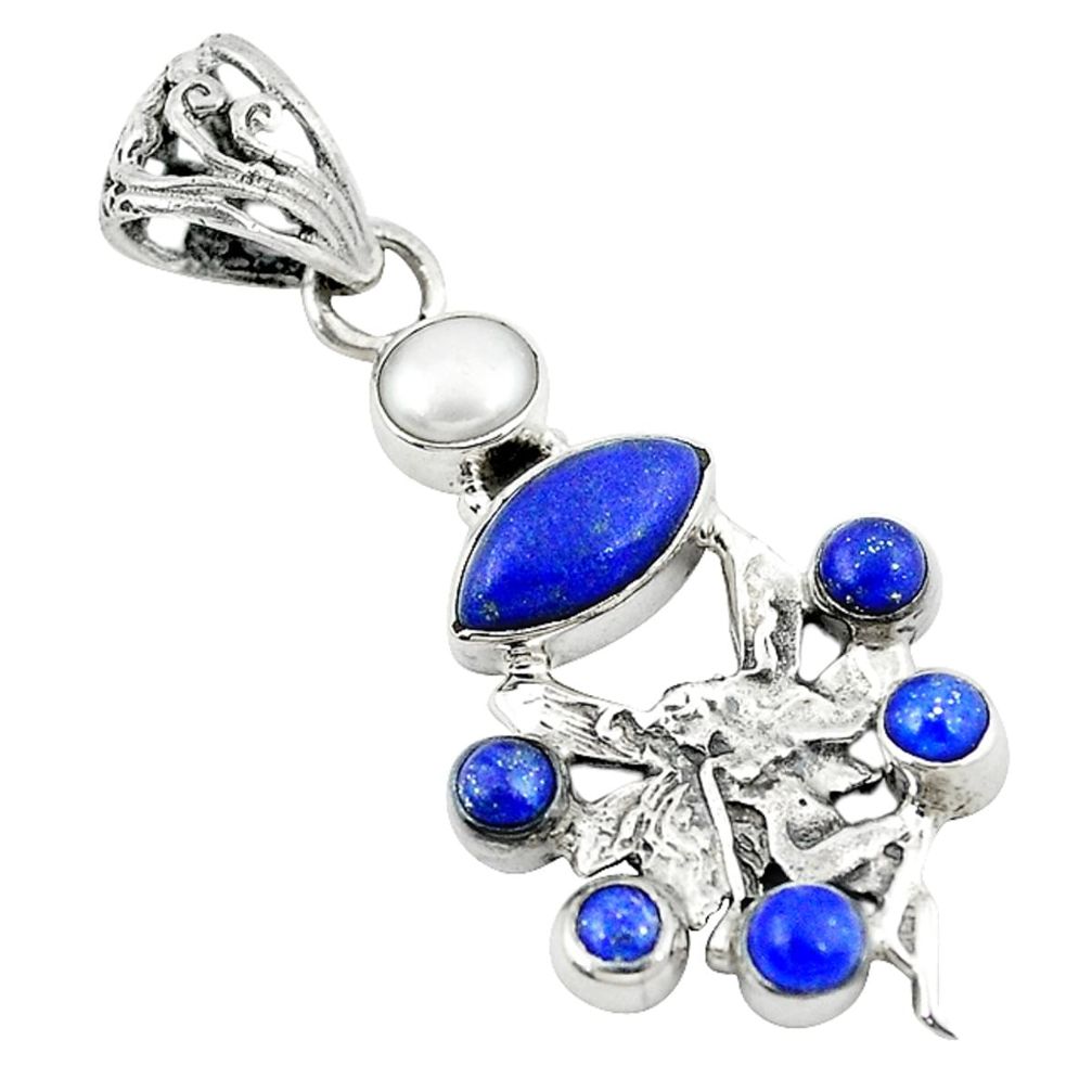 Natural blue lapis lazuli pearl 925 silver angel wings fairy pendant d8196