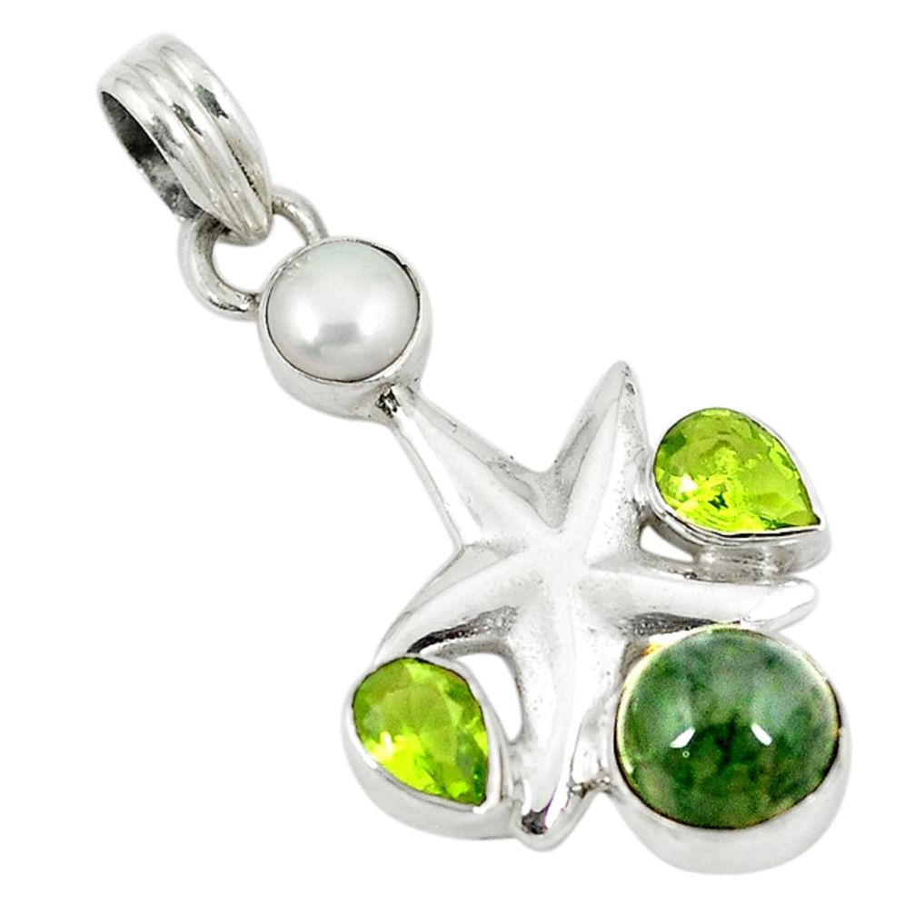 Natural green moss agate peridot pearl 925 silver star fish pendant d8395