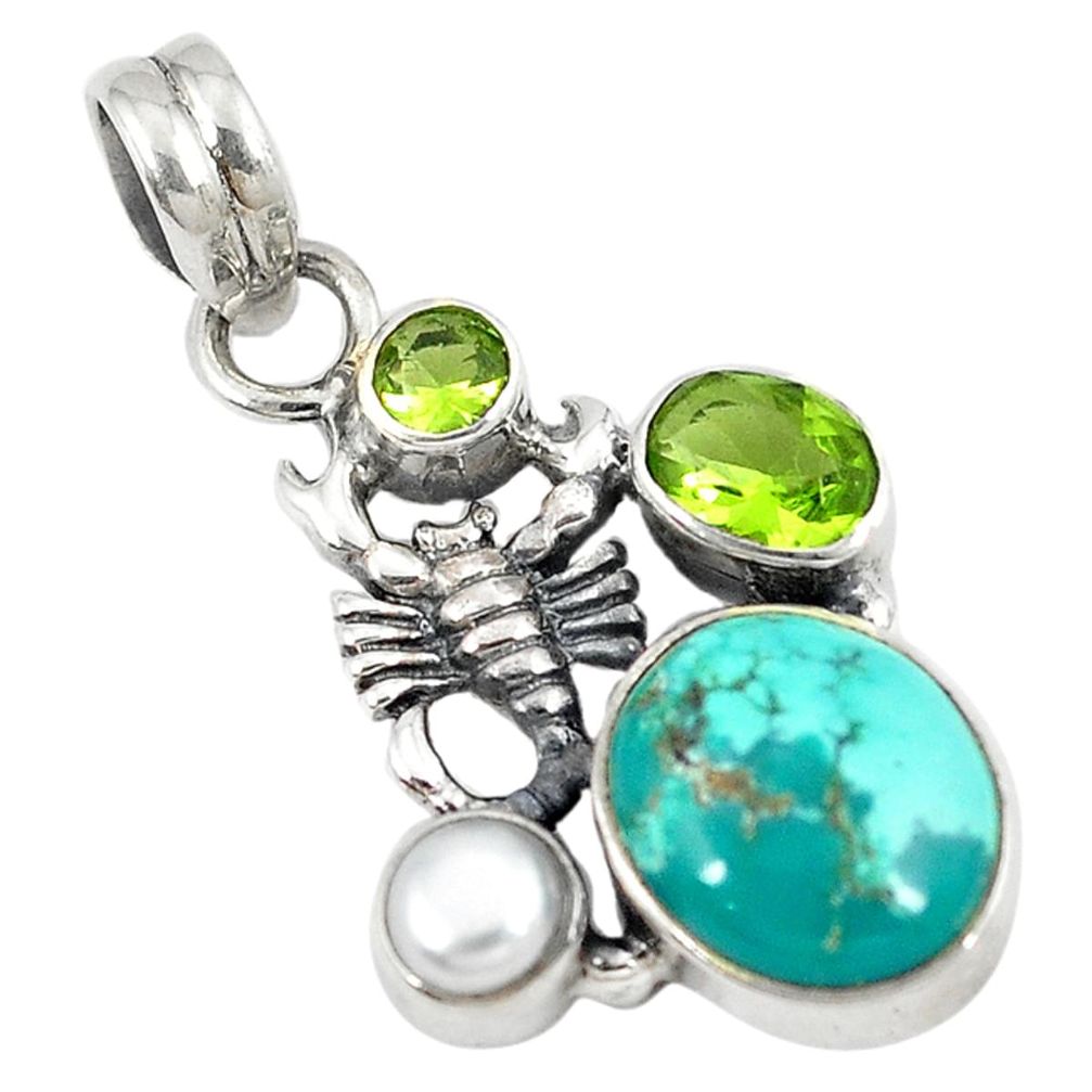 Natural green turquoise tibetan pearl 925 silver scorpion pendant jewelry d8415